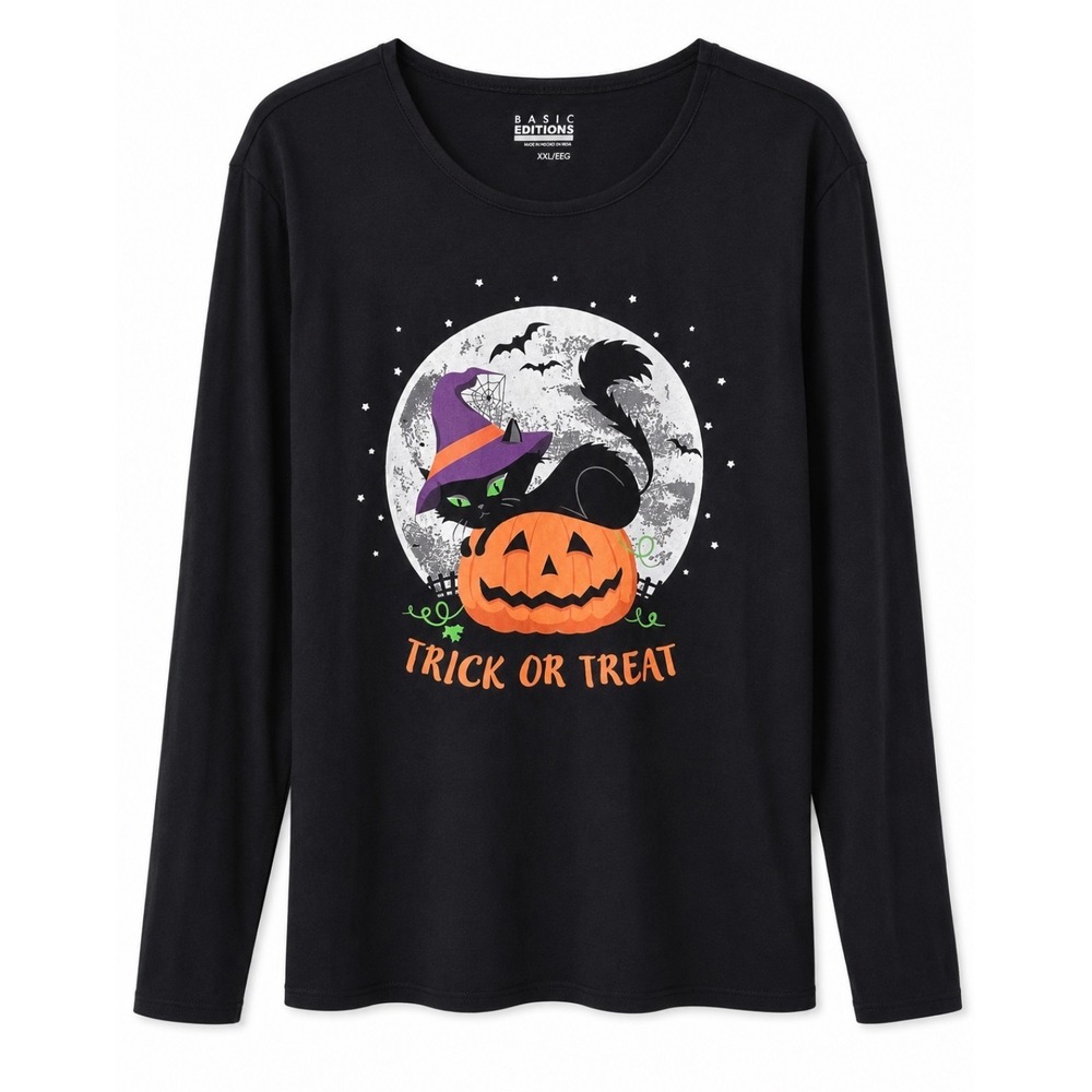 Basic Editions Halloween Trick or Treat Black Cat Pumpkin Long Sleeve Top XXL